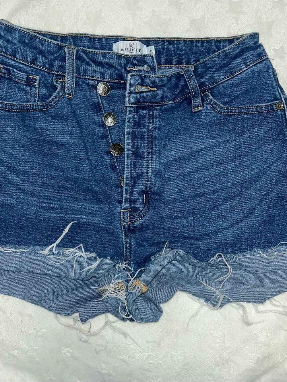 Windsor Dark Blue Button-Front Distressed Denim Shorts